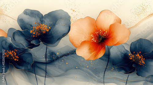 A minimalist canvas of organic shapes, rendered in a luxurious watercolor style, features a golden line art flower intertwined with botanical leaves. The design exudes elegance and sophistication, 