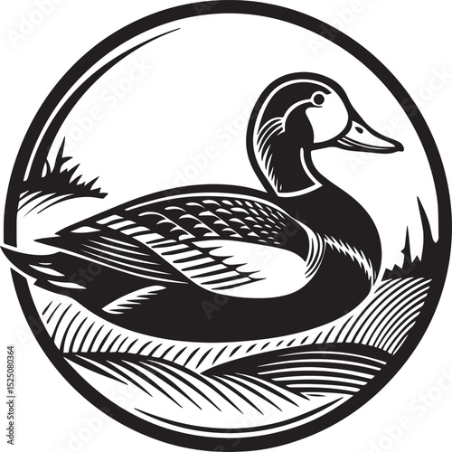 Elegant Black and White Illustration of a Duck in an Oval Frame