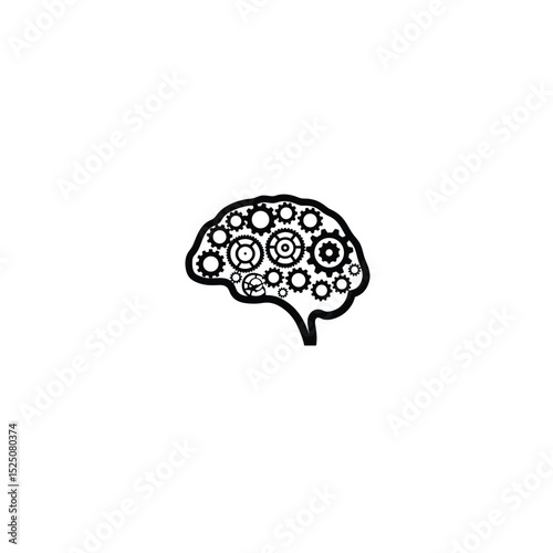 Flat silhouette of a brain with gears symbolizing creativity and logic on white background