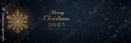 Christmas themed backgrounds and templates with premium designs,Background with dark blue and black color gradation,Large snow object with golden color,Merry Christmas 2025 and Happy New Year Greeting