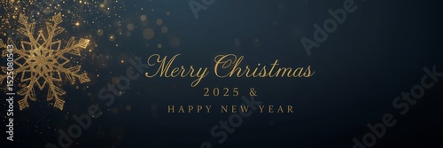 Christmas themed backgrounds and templates with premium designs,Background with dark blue and black color gradation,Large snow object with golden color,Merry Christmas 2025 and Happy New Year Greeting
