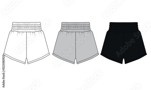 Set of vector designs of sport shorts on elastic band in gray, black, white colors. Template of basic short shorts. Shorts for home, vacation, sleep, beach, walking in summer.