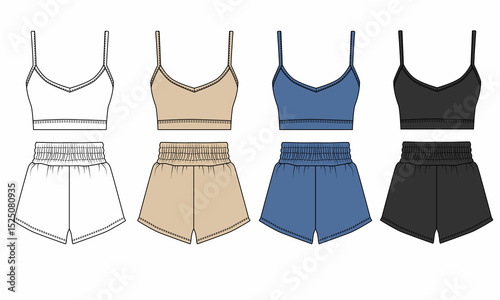 Set of  drawings of sports uniforms, white, blue, beige, black colors. Sketch of clothing for home, sleep bodice and shorts. Shorts and bra template for fitness, running, gym.