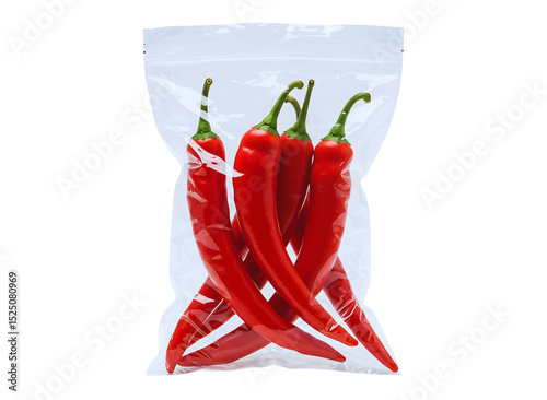Red chili peppers in plastic bag isolated on transparent background