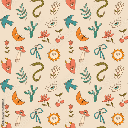 Seamless vector pattern featuring primitive doodle style illustrations with psychedelic elements in a retro colour palette. Includes hand drawn images of hearts, snakes, hands, bows, mushrooms, eyes