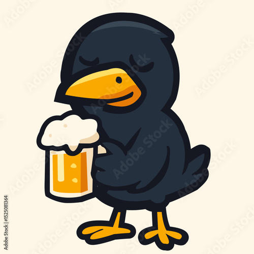 Happy crow hugs beer mug with frothy foam in celebration