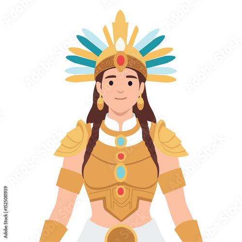 Powerful and regal Mayan warrior princess adorned in golden armor and a radiant feathered headdress. Flat vector illustration isolated on white background