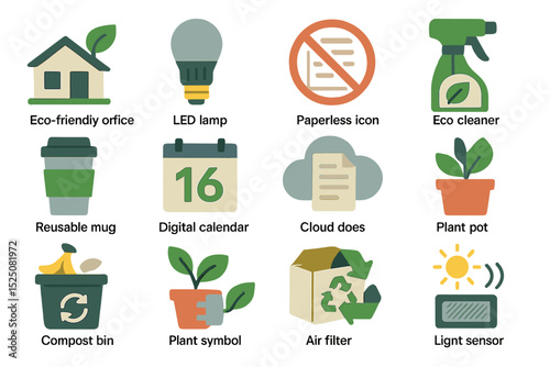 Eco-friendly icons: office, led lamp, paperless, eco cleaner, reusable mug, digital calendar