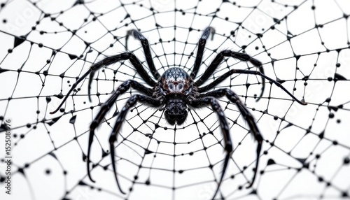 A large spider sits in the center of its intricate web, its eight legs splayed out. The spider's body is dark, contrasting sharply with the white background and the web's delicate lines photo