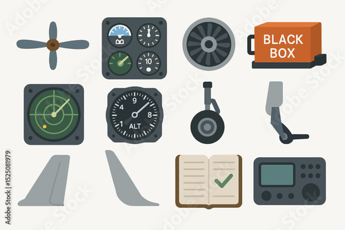 Aviation instruments: propeller, black box, gauges, radar, altimeter, landing gear, flight manual