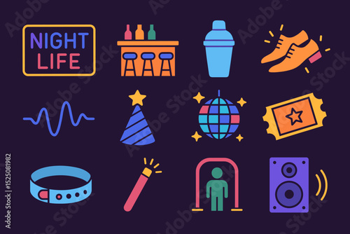Colorful icons representing vibrant nightlife elements on dark background