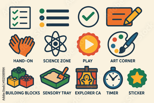 Colorful icons representing hands-on learning tools and educational activities