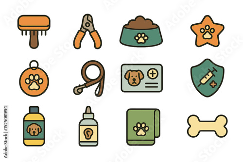 Colorful pet care icons set with veterinary and grooming tools