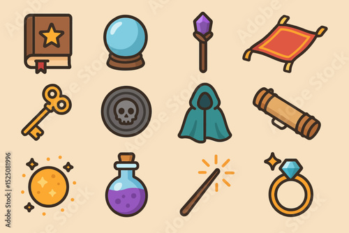 Magical items collection featuring book, crystal ball, cloak, and wand