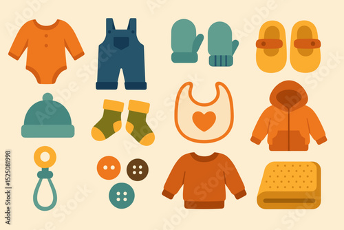 Cute baby clothing set featuring onesie, overalls, mittens, and hoodie in earthy tones