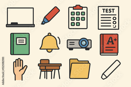 Colorful school icon set: education, learning, and classroom essentials