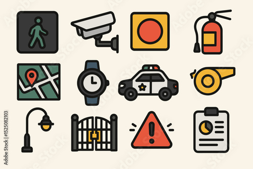 Vector icons of safety signs and security equipment in bold colors