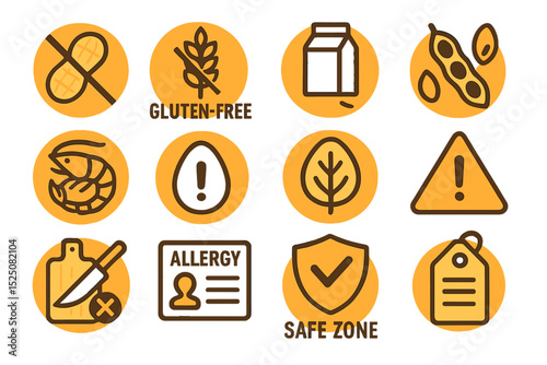 Food allergy warning signs: gluten-free, allergens, safe zone icons on gold background