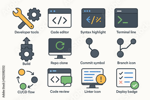 Developer tools and coding icons: code editor, build, ci/cd, and more