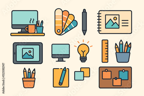 Creative design elements - computer, colors, tools, lightbulb, and stationery icons