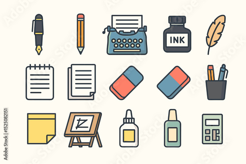 Vintage stationery and writing tools collection with feather quill, typewriter, and ink bottle