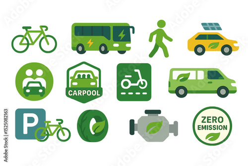 Eco-friendly transportation icons: bike, bus, car, and zero emission symbols