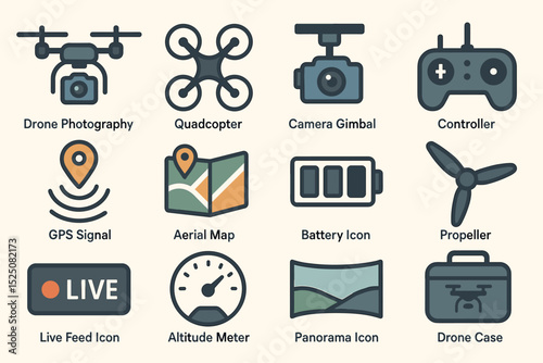Drone and accessories icons: quadcopter, controller, gps signal, map, gimbal, propeller, battery