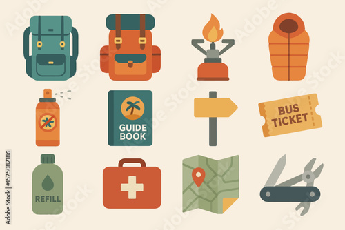 Camping gear essentials: backpacks, stoves, guidebook, and more for outdoor adventures