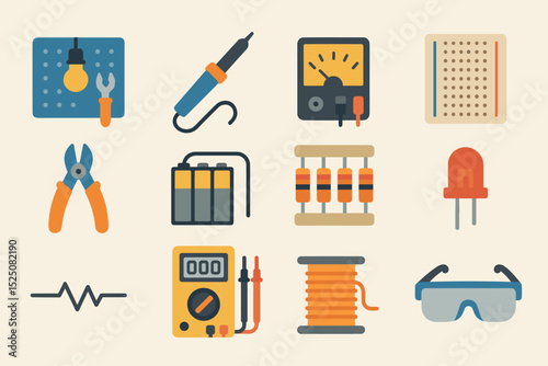 Electronics tools and components set: plier, soldering iron, multimeter, breadboard, led