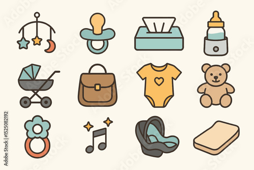 Baby essentials icons: stroller, bottle, pacifier, teddy, crib mobile, onesie, car seat