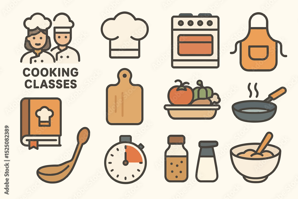 Cartoon kitchen elements: chef hats, cooking utensils, ingredients, and more