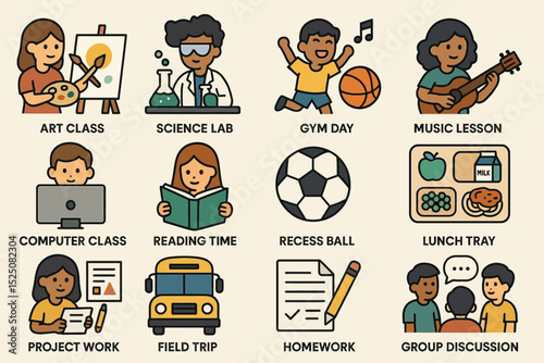 Illustrated school activities featuring diverse children in various learning settings