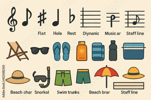 Musical symbols and beach items including sunglasses, hat, and umbrella icons