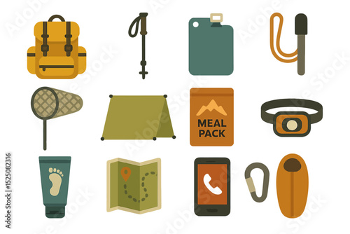 Essential camping gear: backpack, tent, map, hiking pole, meal pack, water bottle, headlamp