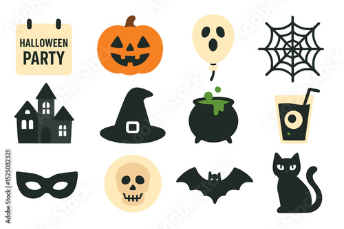 Halloween party icons: pumpkin, ghost, cauldron, bat, black cat, spider web, witch hat