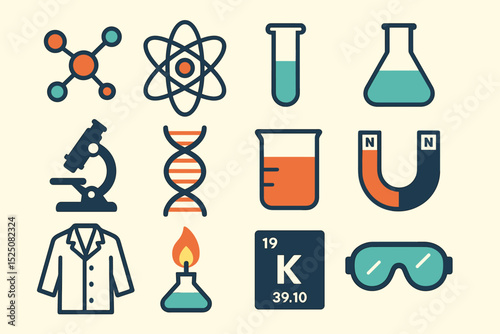Science icons set featuring lab equipment and atomic structures