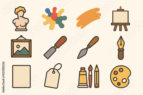 Set of artistic tools and symbols including easel palette brush and paint tubes