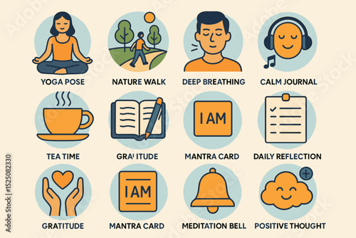 Illustrated mindfulness activities: yoga, meditation, nature walk, gratitude journal, tea time