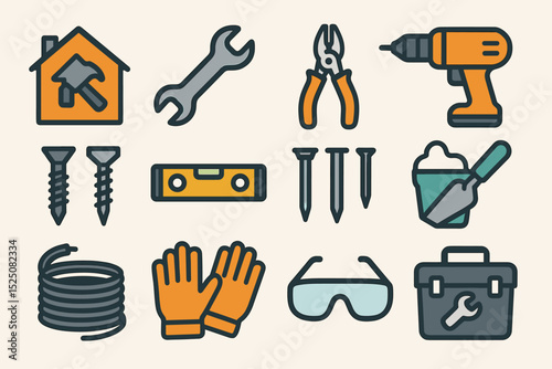 Home repair tools: essential equipment for diy projects including drill, wrench, and safety gear