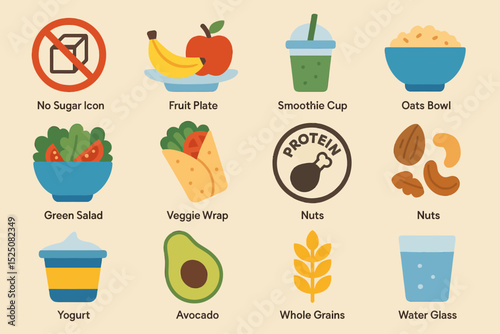 Diverse healthy food icons featuring fruits veggies and beverages