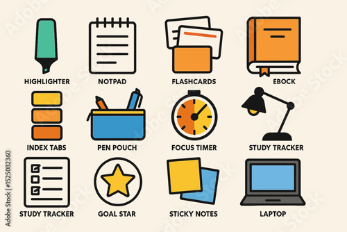Study tools collection: notepad, flashcards, ebook, study tracker, laptop
