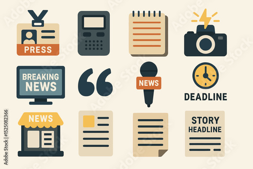 Journalism icons: press badge, news camera, microphone, deadline clock, notepad, newsstand