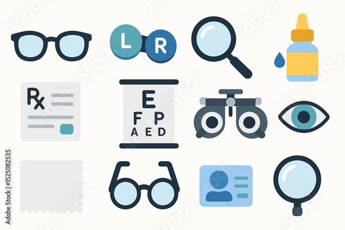Set of optometry and vision icons including eye chart and prescription glasses