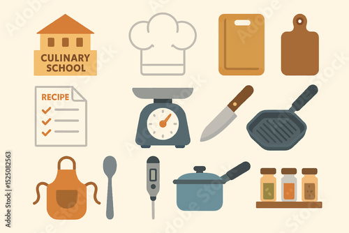 Culinary school tools: chef hat, recipe, cooking utensils, kitchen equipment