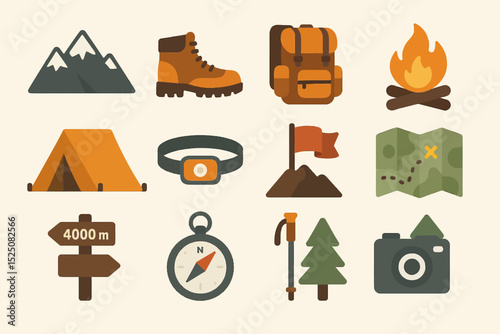 Outdoor adventure essentials: backpack, tent, hiking gear, and map icons