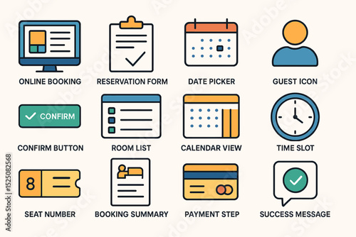 Icon set for online booking and reservation system with confirm button and calendar view