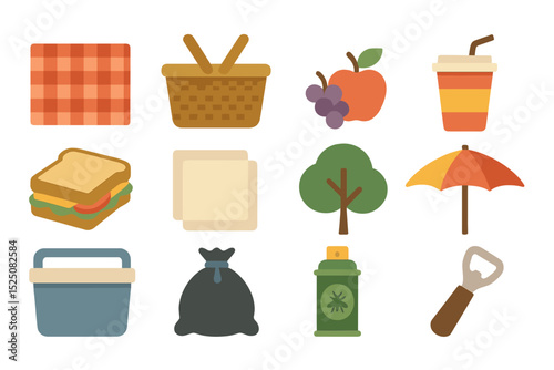 Picnic essentials: basket, food, drink, nature icons in flat design