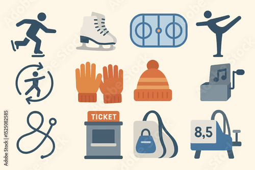 Ice skating icons set: rink, skates, gloves, hat, ticket, music box
