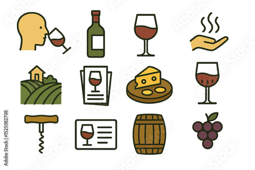 Wine tasting icons with bottle, glass, cheese, corkscrew, barrel, and vineyard