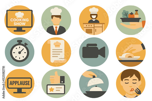 Cartoon cooking icons: chef hats, applause, menus, and kitchen tasks